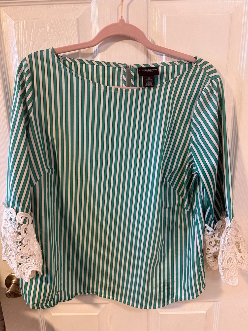 Beautiful Liz Claiborne Green & White Striped Lace-Cuff Tunic